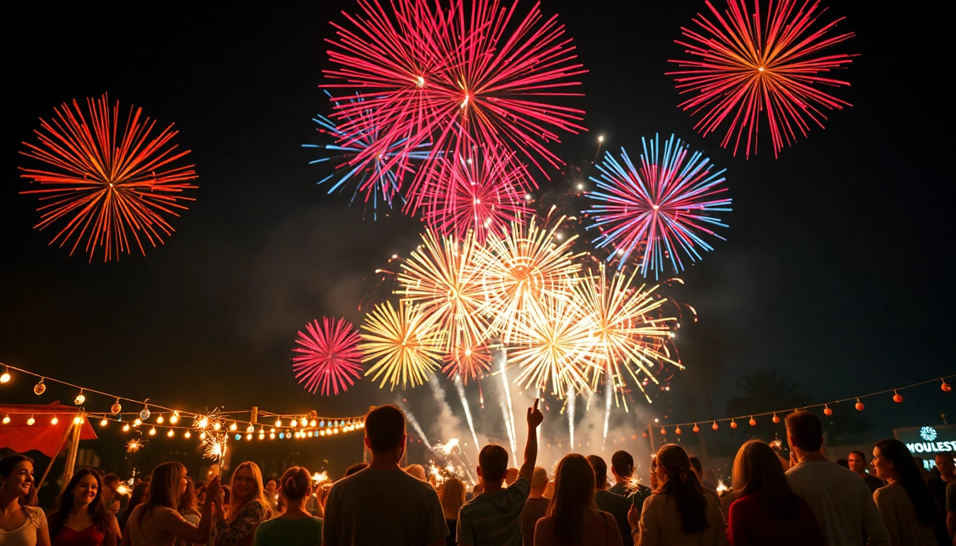 Create an imaginative display of cheap fireworks near me lighting up the night sky at a community celebration.