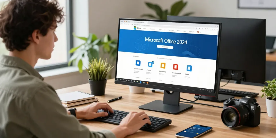 Microsoft Office 2024 günstig online bestellen auf moderner Workstation mit Laptop und Monitor im Büro