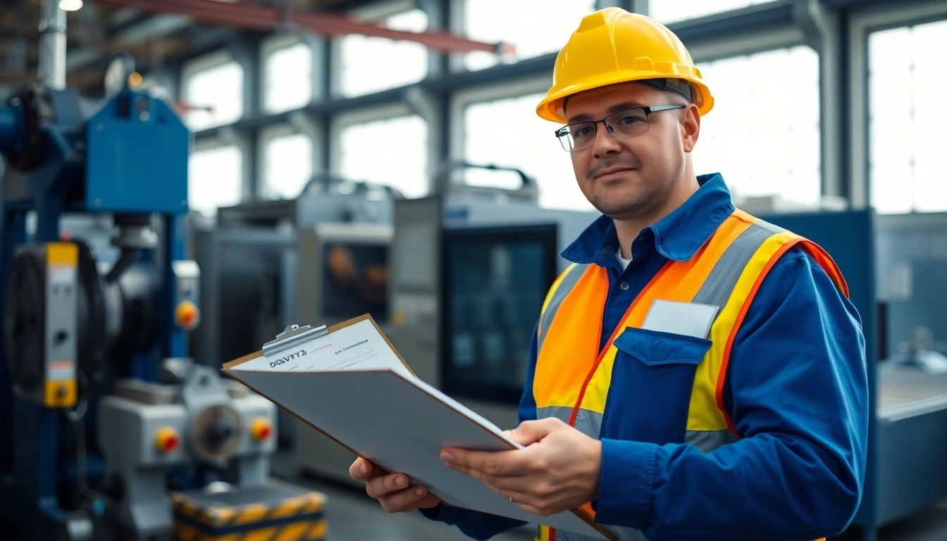 DGUV V3 Prüfung in action as a technician evaluates machinery for safety compliance.