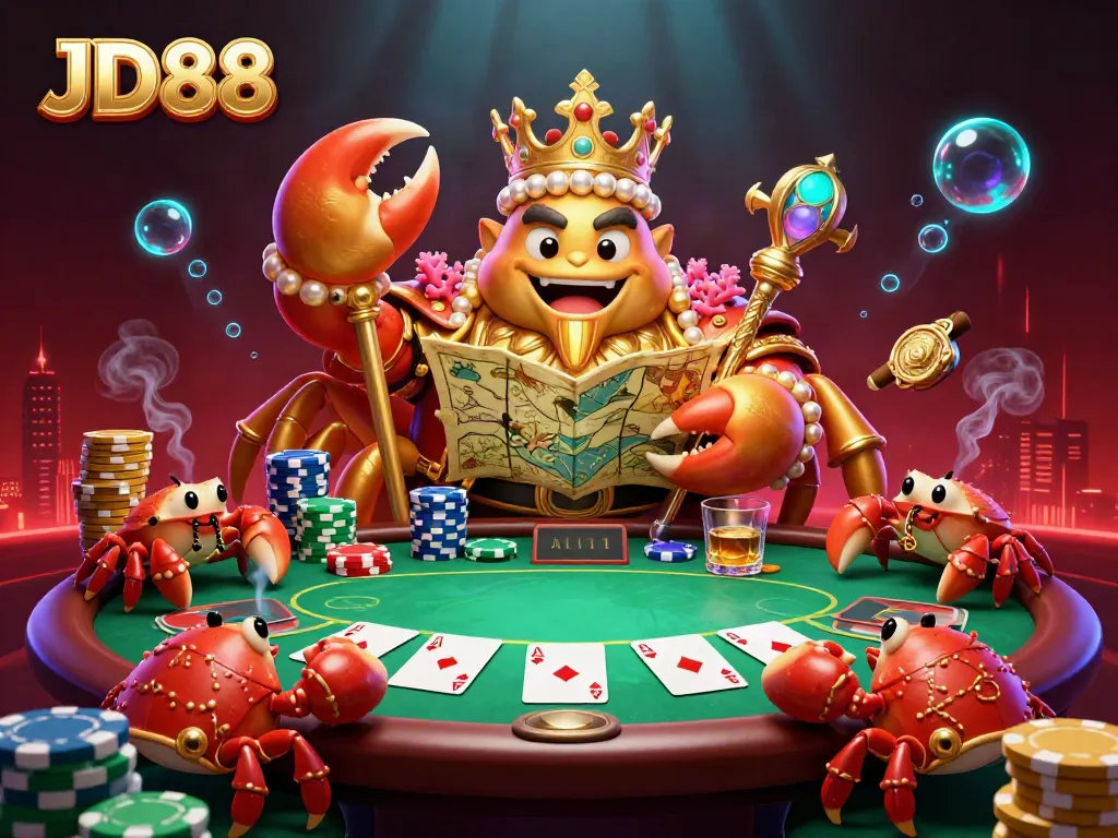 Experience the excitement of JD88 gaming with a lavish crab emperor amidst poker festivities.