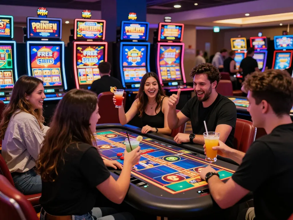 Excited players enjoying free spins Australia at a lively casino.