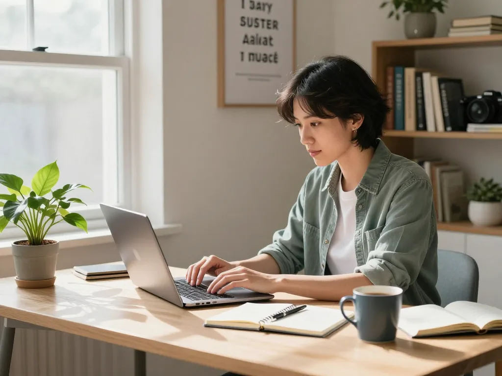 Nebenverdienst von zuhause in a cozy home office setting with a person managing their business on a laptop.