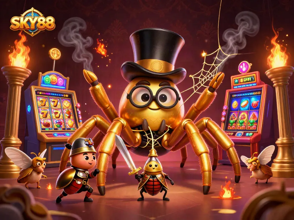 Spin the reels at SKY88 with a golden tarantula, brave beetle knight, and exciting jackpot elements!