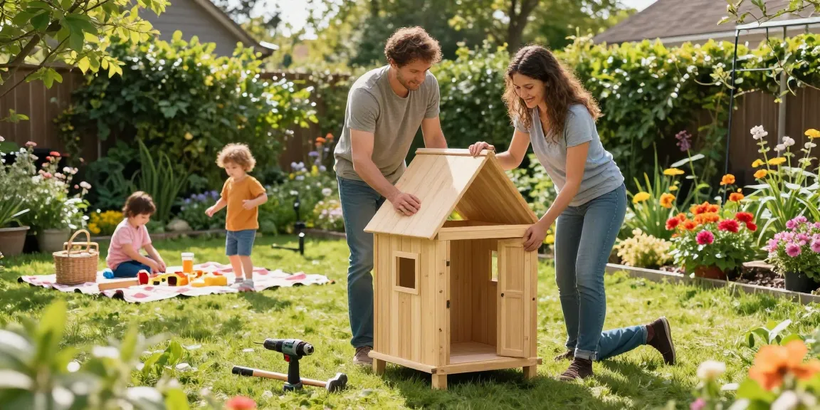 Gartenhäuser von McGarden24: Ein Paar baut ein Holz-Gartenhaus im sonnigen Garten auf.