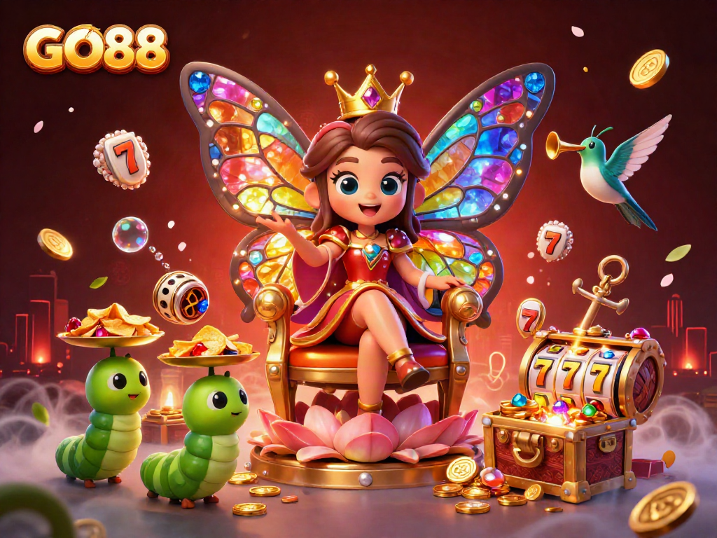 GO88's vibrant illustration with a butterfly queen, slot reels, and golden treasures enhancing gambling excitement.