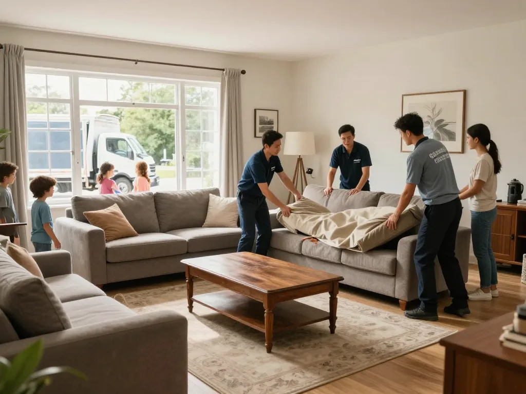 Furniture removal service in action, showcasing a professional team clearing a living room.