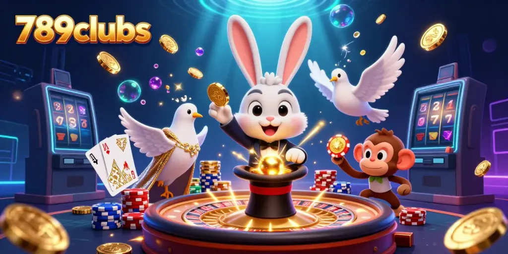 Engage in exciting gaming at 789clubs with a vibrant scene featuring a magician, a dove, and a playful monkey surrounded by coins and cards.