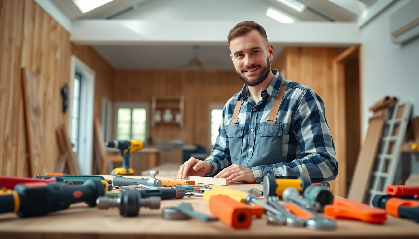 Handyman showcasing tools and working in a modern home renovation.