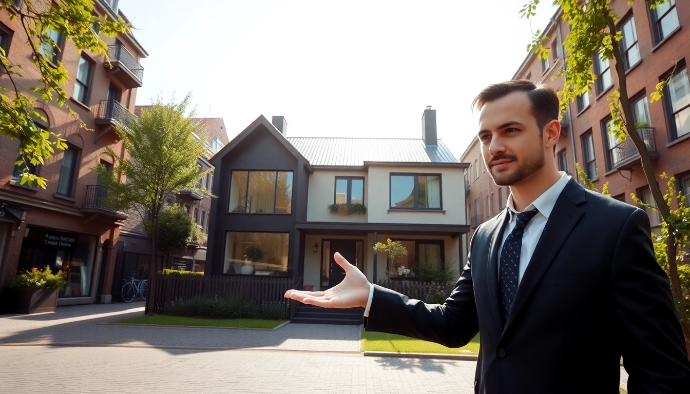 Haus Verkaufen Düsseldorf, Immobilienmakler präsentiert moderne Immobilie umgeben von lebendiger Stadtlandschaft.