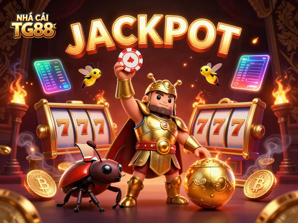 Engaging NHÀ CÁI TG88 illustration featuring a victorious beetle in gaming elements and vibrant casino icons.