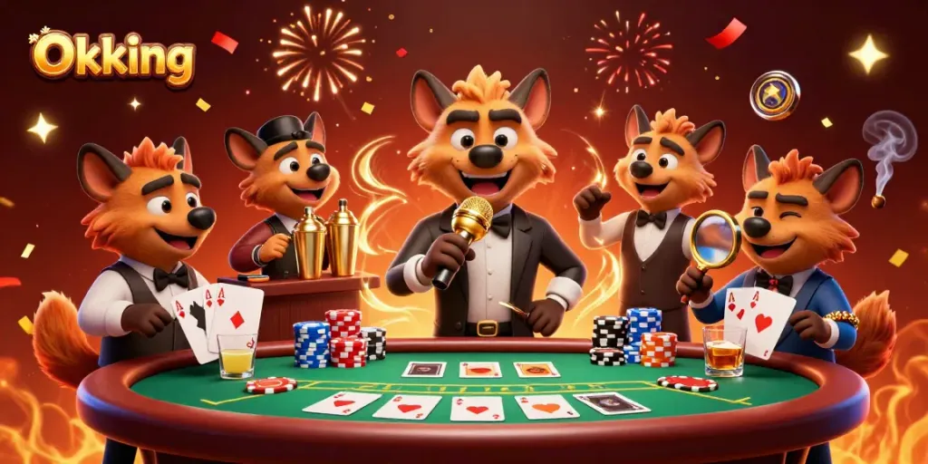 Experience the excitement of Okking as hyenas entertain in a packed casino with vibrant elements.