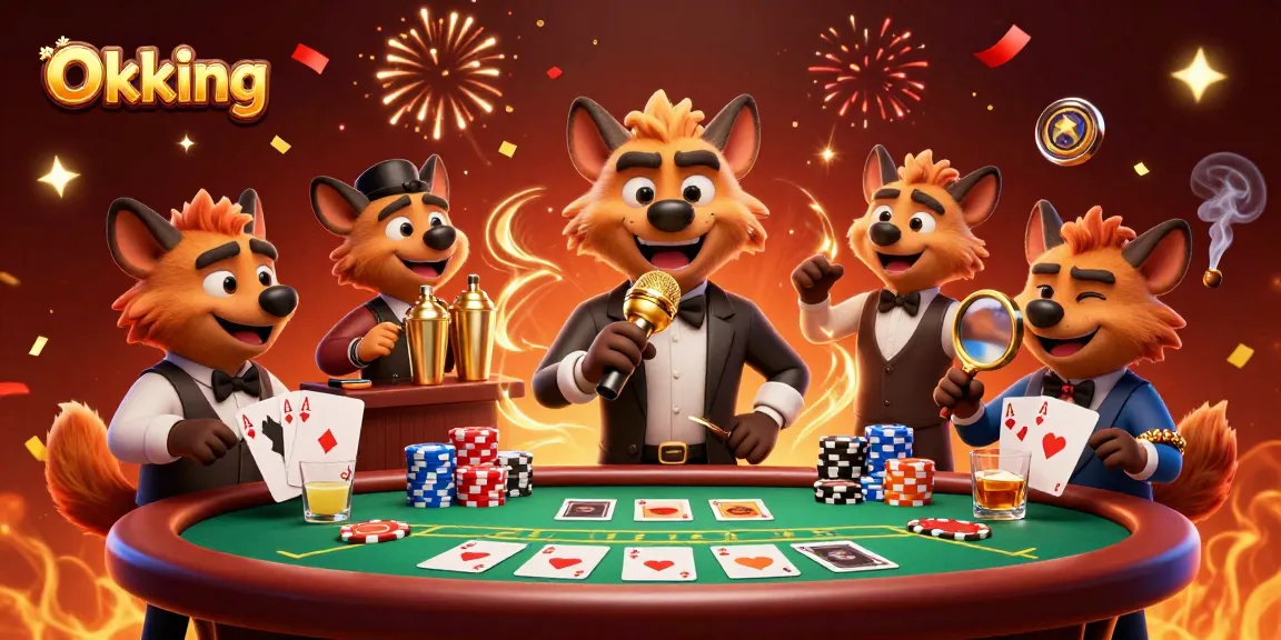 Experience the excitement of Okking as hyenas entertain in a packed casino with vibrant elements.