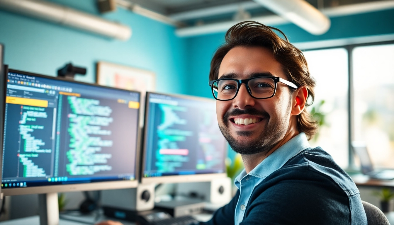 Webentwickler Hannover arbeitet konzentriert an einem modernen Arbeitsplatz mit Code und Design.