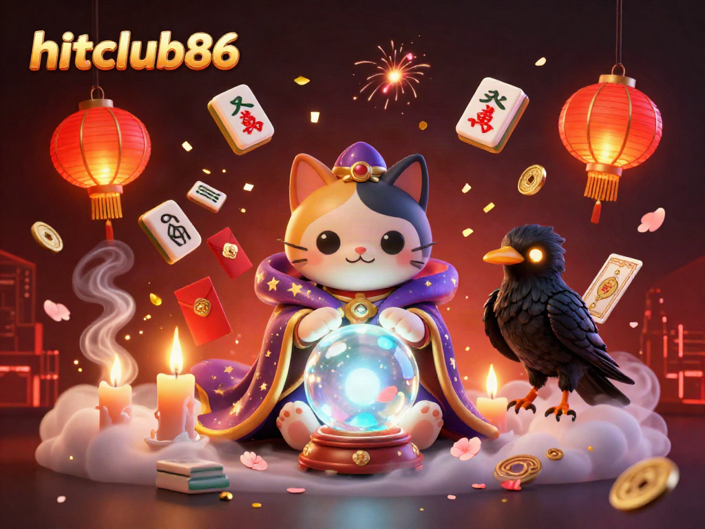 Engage with hitclub86, featuring a mystical scene of a fortune teller cat and raven amidst vibrant casino-themed elements.