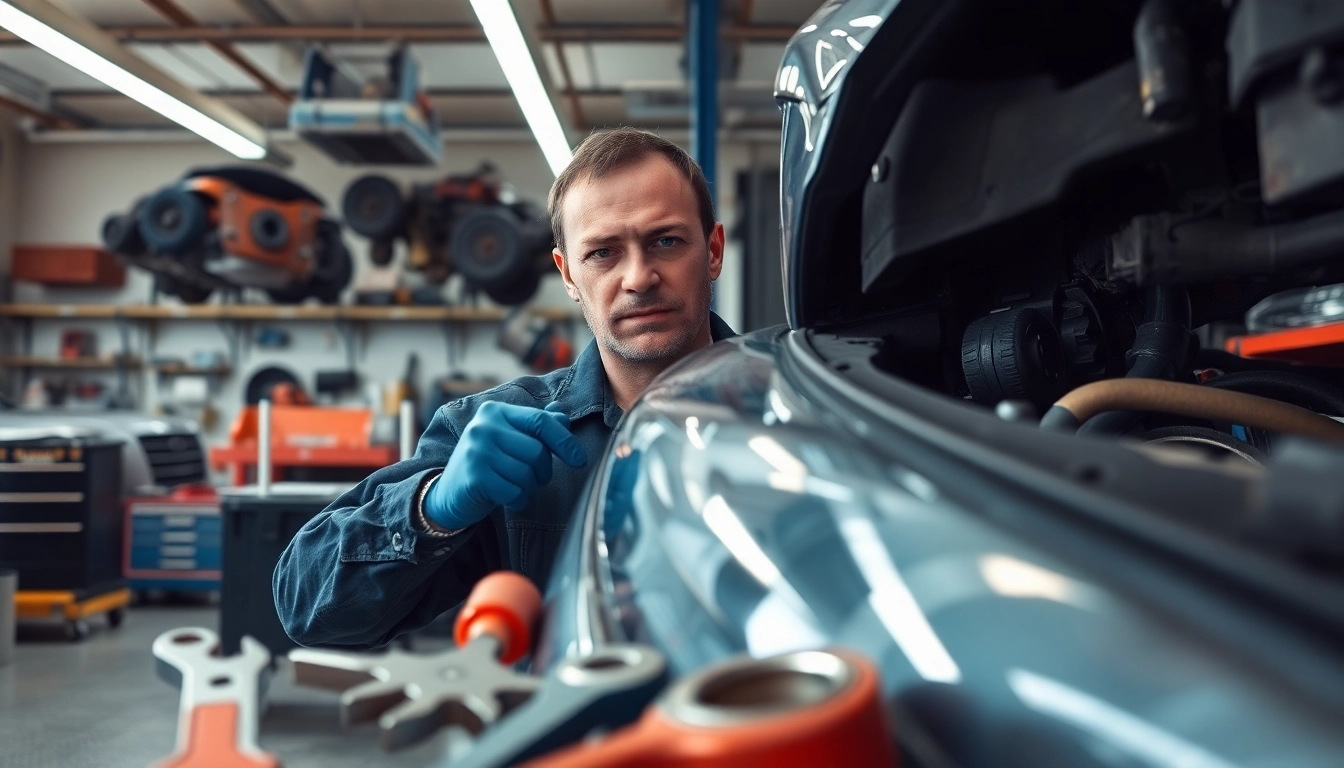 Motorschaden Ankauf in einer Werkstatt, wo ein Mechaniker einen beschädigten Wagen inspiziert.