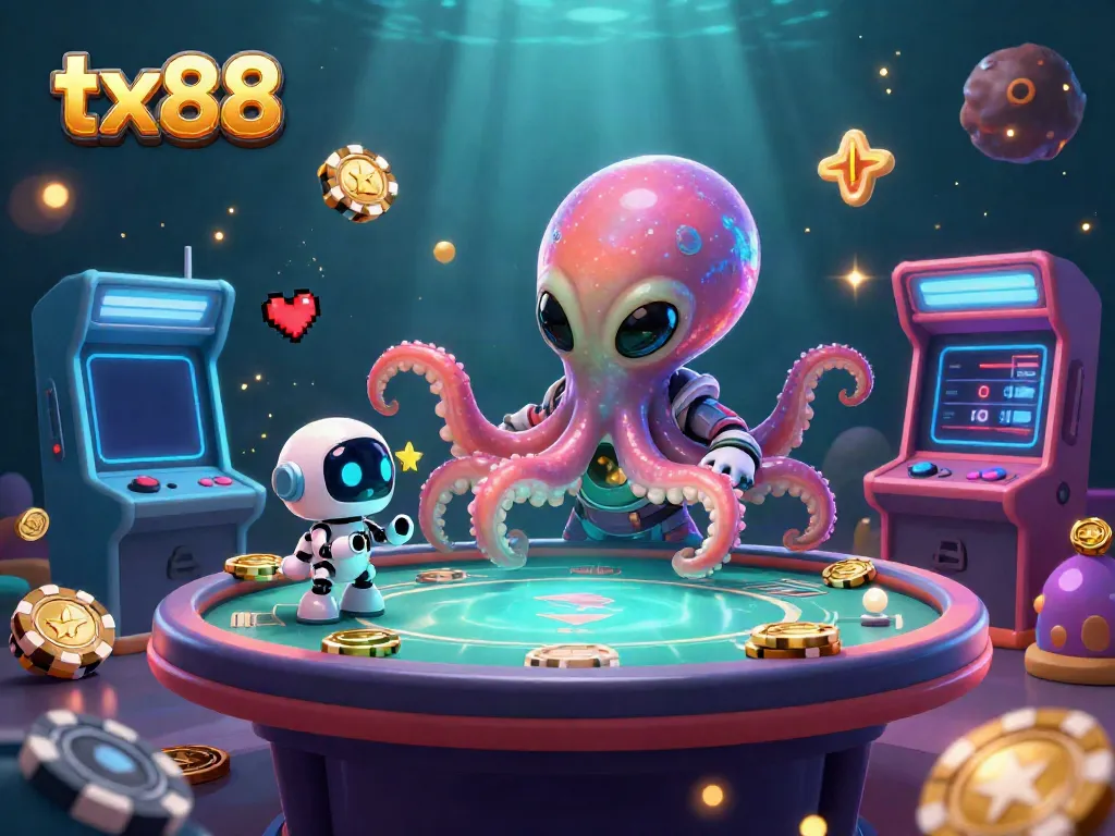 Engage in gaming excitement with tx88, featuring an alien octopus and holographic blackjack.