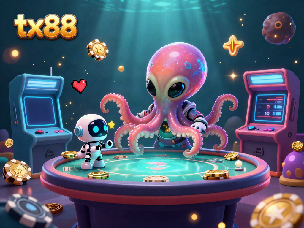 Engage in gaming excitement with tx88, featuring an alien octopus and holographic blackjack.