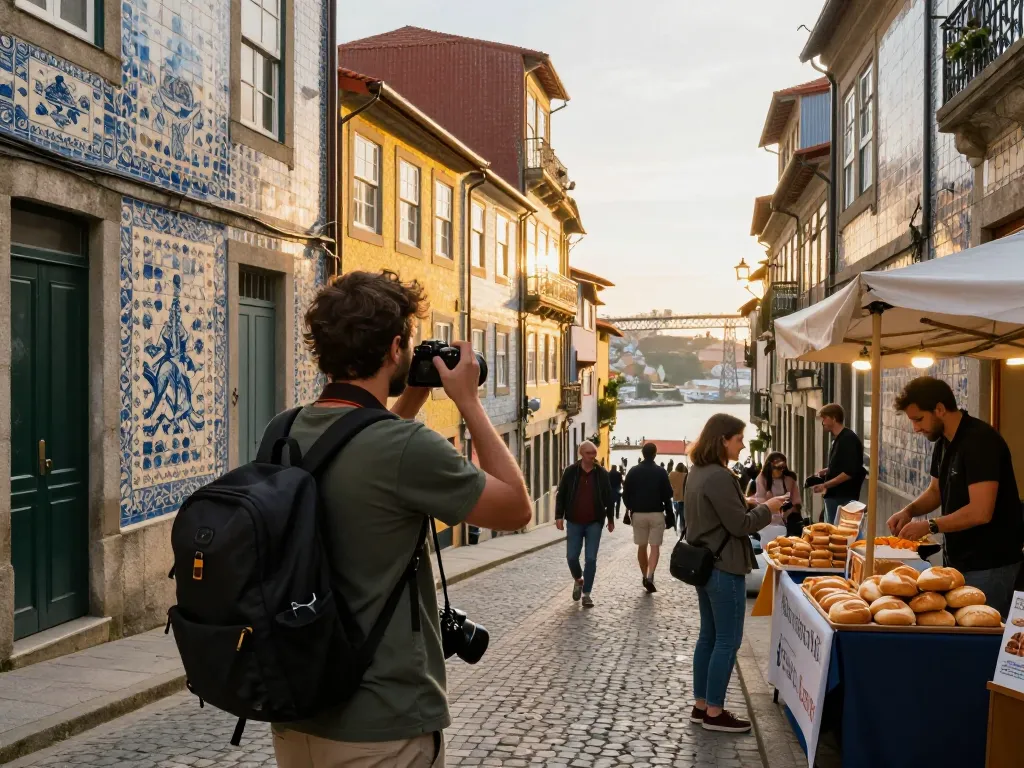 Reisetipps Porto: Erkundung lebendiger Straßen, bunter Gebäude und lokaler Köstlichkeiten während des Sonnenuntergangs.