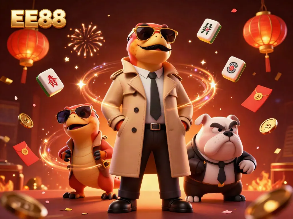 Three raptors in a trench coat attempting entry into EE88's VIP casino with festive decorations.