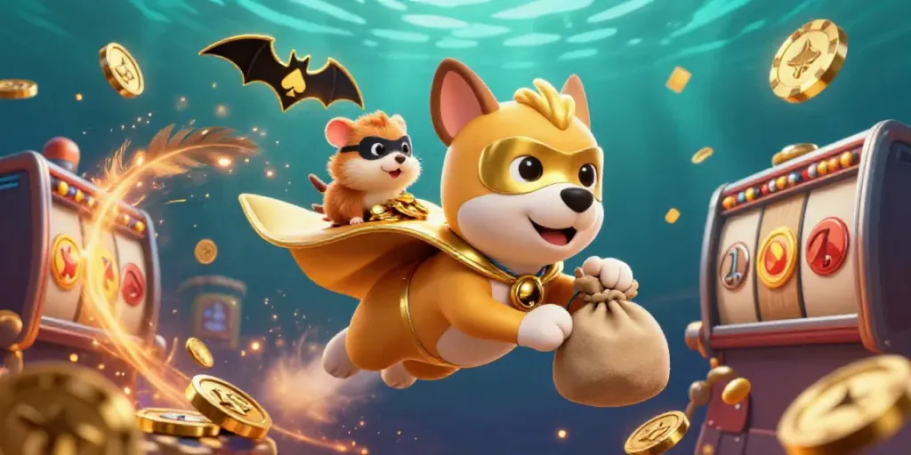 Zowin slots excitement as a superhero dog and hamster soar with gold coins in a vibrant casino scene.