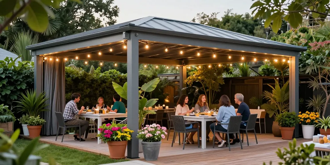 Freistehende Terrassenüberdachung im Garten mit eleganter Essgruppe und grünen Pflanzen.