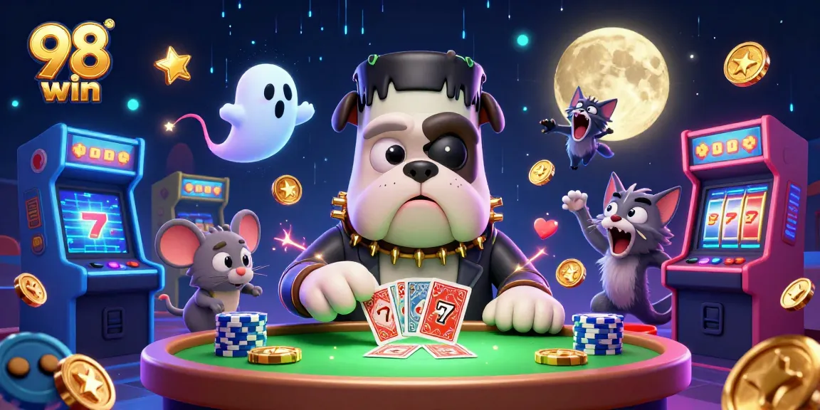 Engage with 98 win as a Frankenstein bulldog deals cards amidst glowing slot gaming elements.