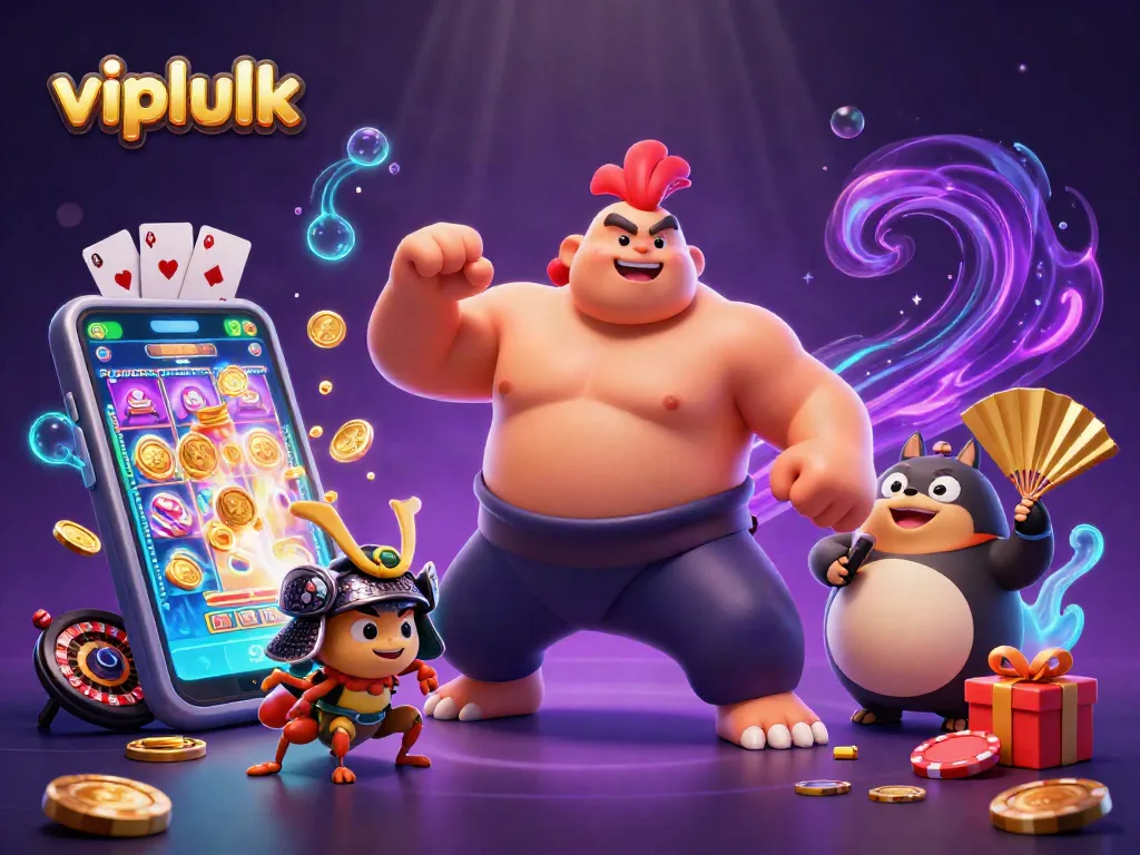 Experience vipluck's thrilling gameplay with an exciting 3D illustration featuring animated characters and casino elements.