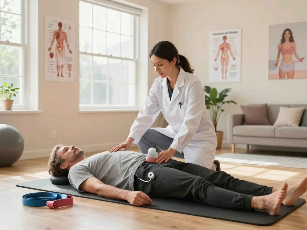 Physiotherapist demonstrating effective therapy techniques at https://pelvi-care.de/ for pelvic floor training in a serene clinic.