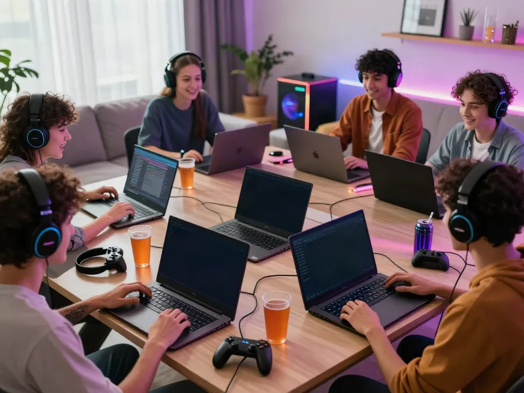 Engaging gaming scene with friends using rokok88 login to access online multiplayer platform in a vibrant living room.