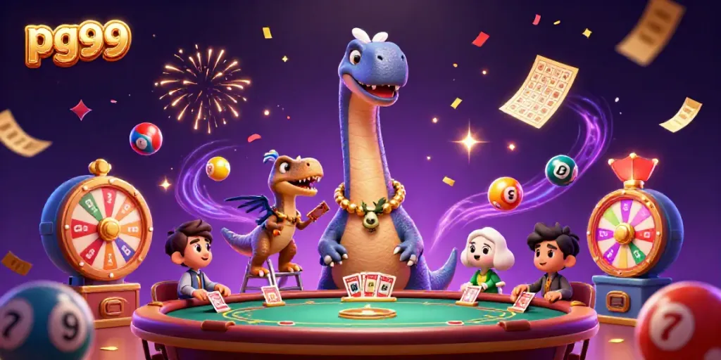 Experience thrilling gaming at pg99 with a towering brontosaurus dealer, colorful lottery elements, and casino excitement.