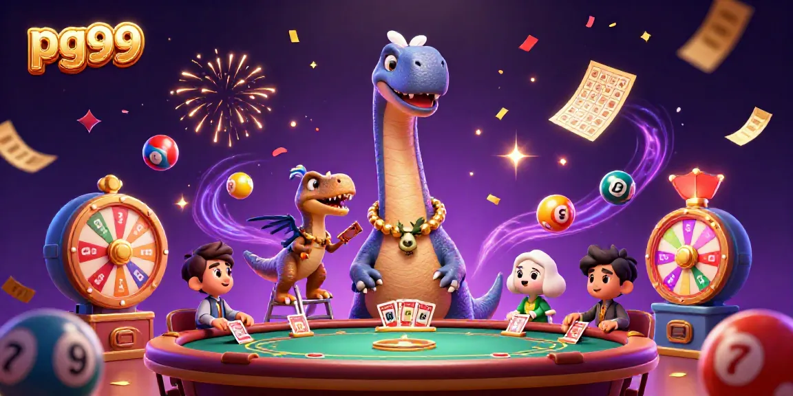 Experience thrilling gaming at pg99 with a towering brontosaurus dealer, colorful lottery elements, and casino excitement.