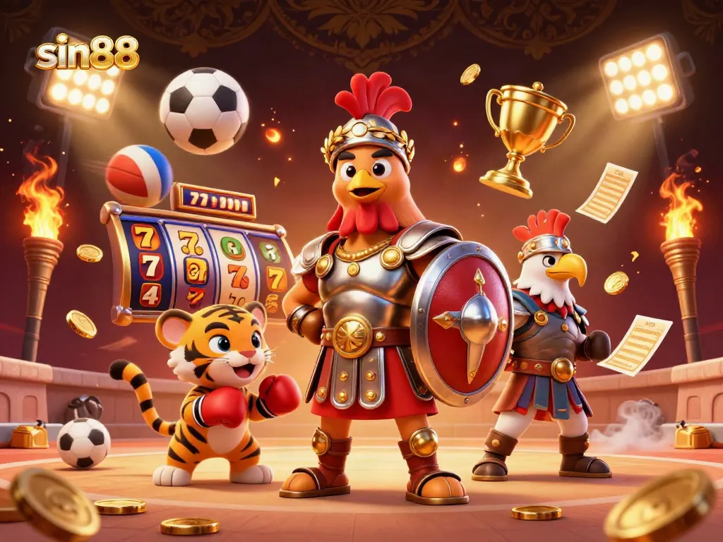 sin88 offers exhilarating gameplay with a rooster gladiator, jackpot reels, and vibrant casino scenes.