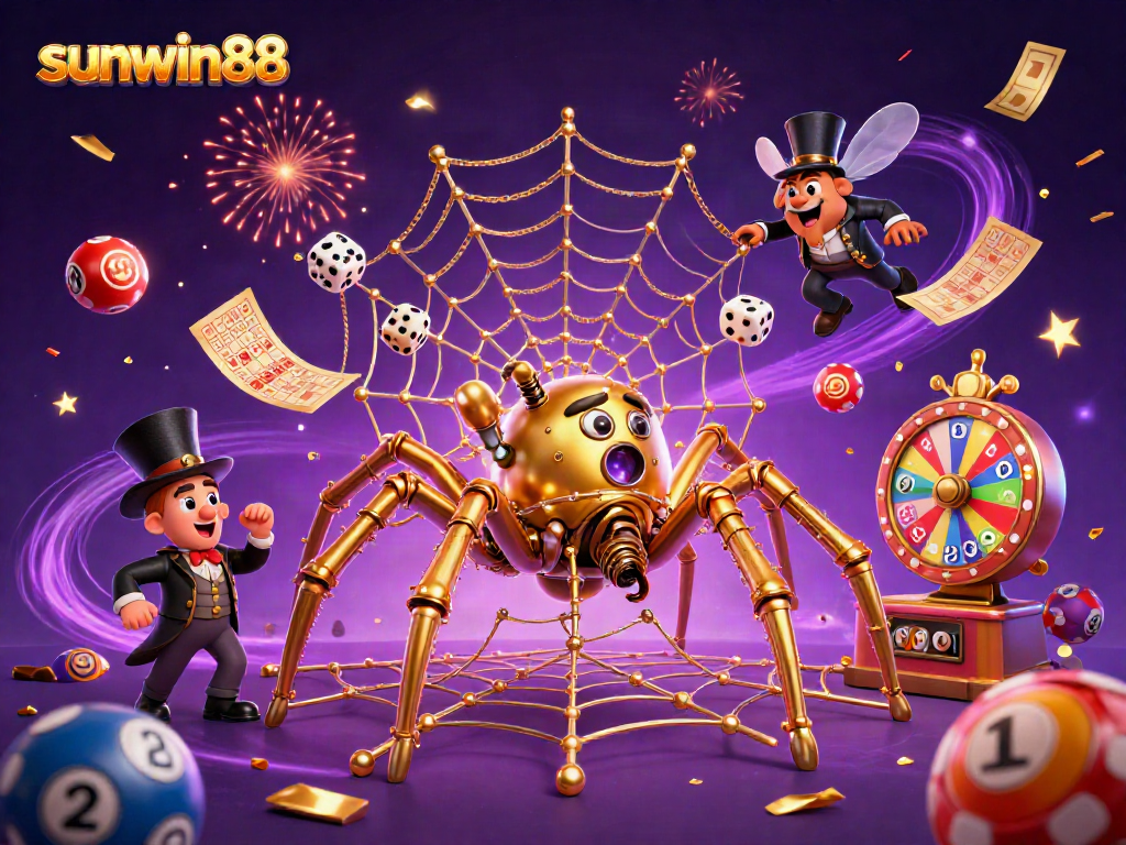Experience the excitement of sunwin88 with vibrant lottery elements and a whimsical spider.