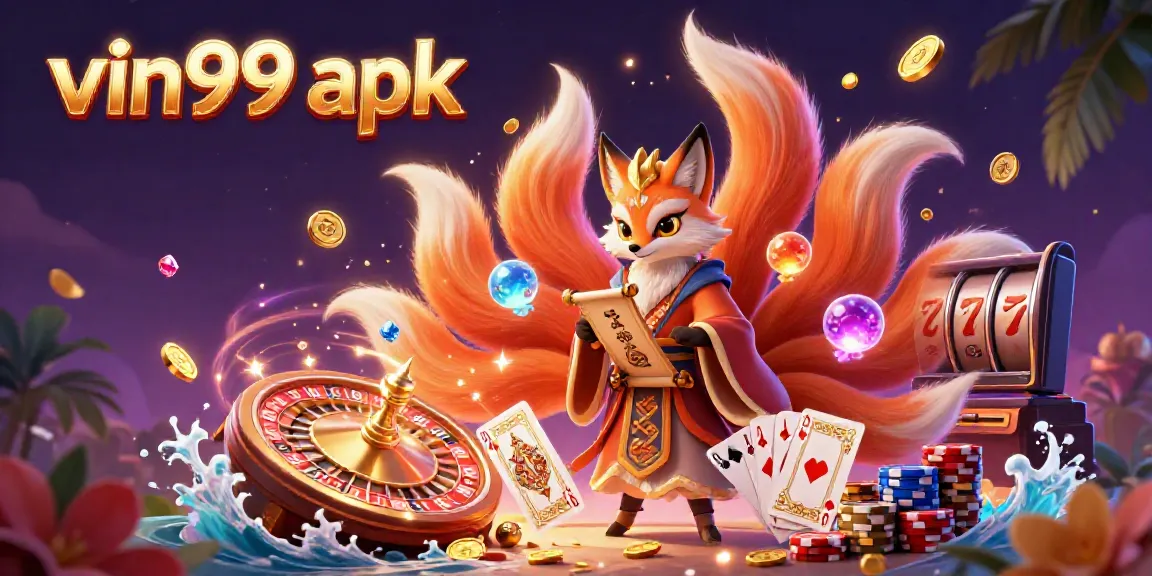 Experience thrilling gameplay with vin99 apk featuring a vibrant nine-tailed fox and an owl sage in a magical casino atmosphere.