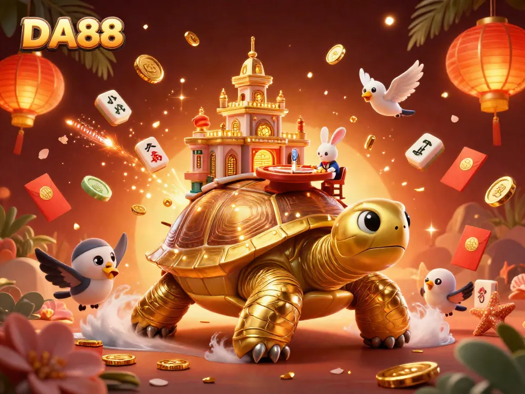 Experience vibrant gameplay with DA88's dynamic 3D casino illustration featuring a golden tortoise and animated elements.