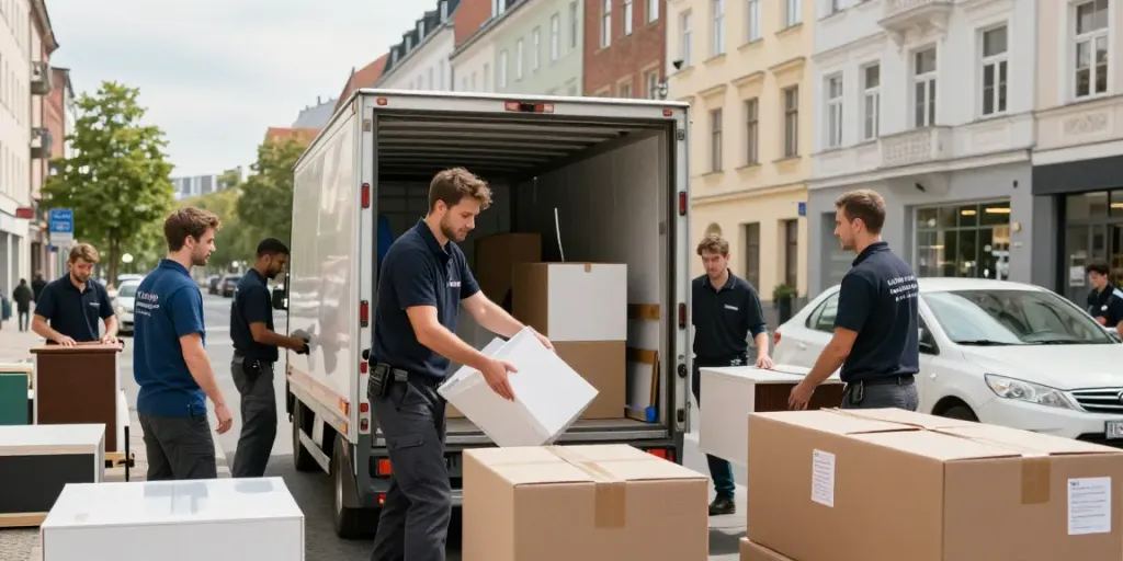 Wohnungsauflösung Berlin Neukölln: Professionelles Team packt Möbel und Umzugskartons.