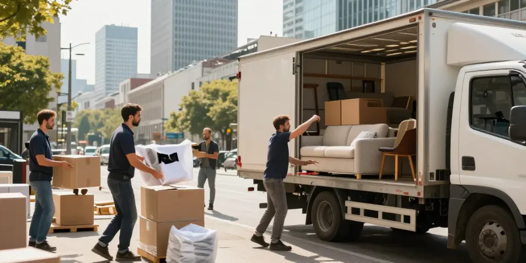 Räumungsdienst Wien - professionelle Möbelpacker bei der Arbeit in Wien, Umzugsszenario mit Stadtlandschaft im Hintergrund.
