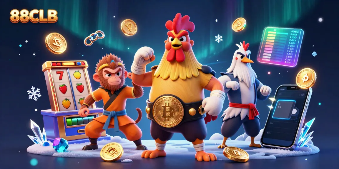 Experience the thrilling action of 88CLB with characters in a dynamic gambling scene filled with slot reels and crypto elements.