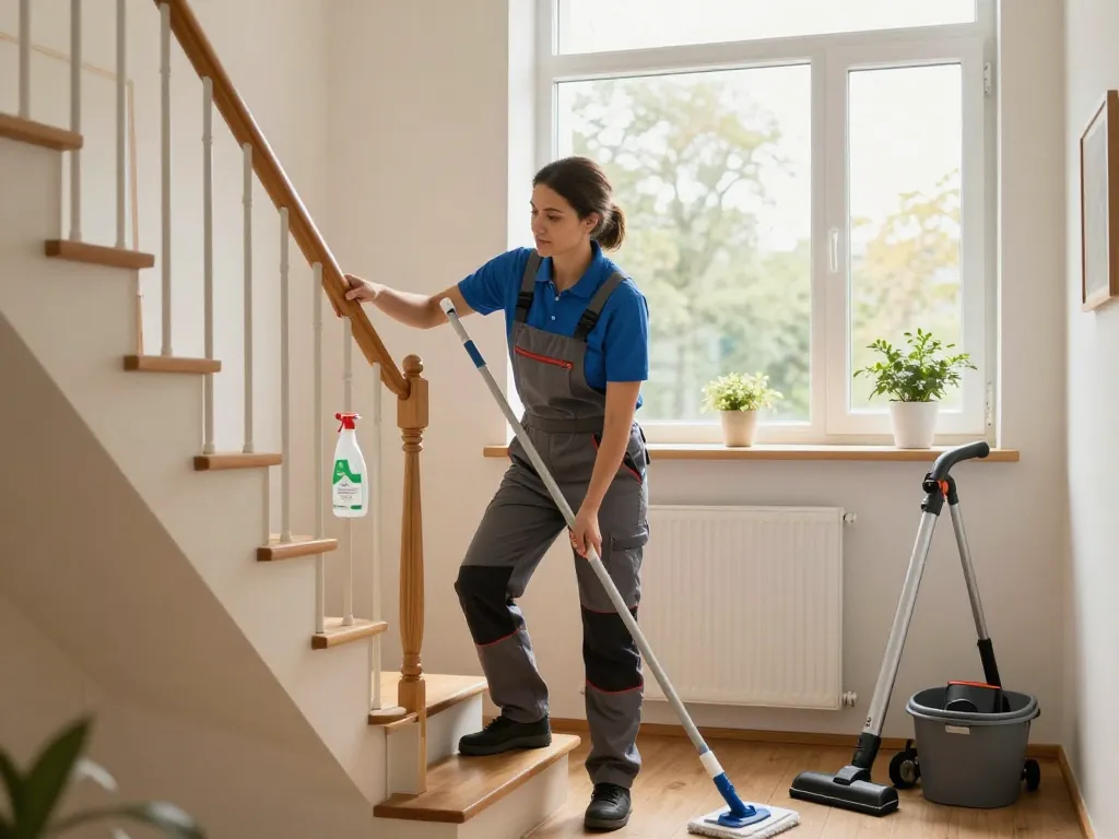 Treppenhausreinigung in Münster, zeigt einen professionellen Reiniger, der eine helle Treppenhausumgebung verbessert.