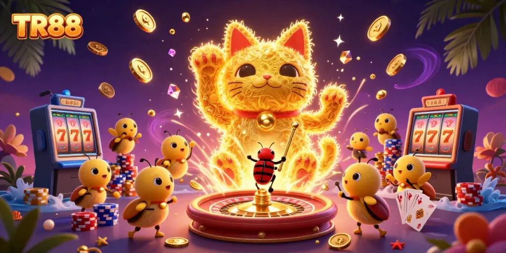 Experience the excitement of TR88 with a vibrant illustration featuring a lucky cat and casino elements.