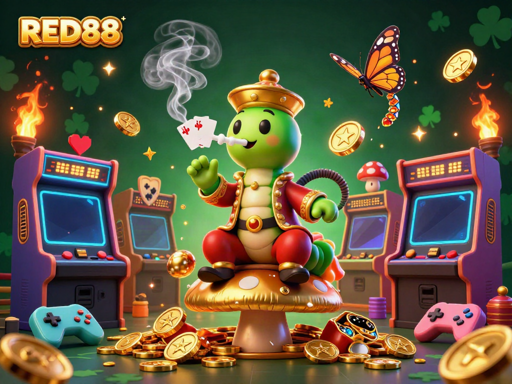 Experience the excitement of RED88 in a vibrant casino scene with energetic characters and dynamic gaming elements.