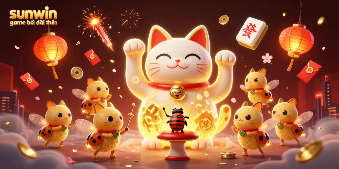 Engage with the vibrant sunwin game bài đổi thưởng scene featuring a lucky cat and fireworks.