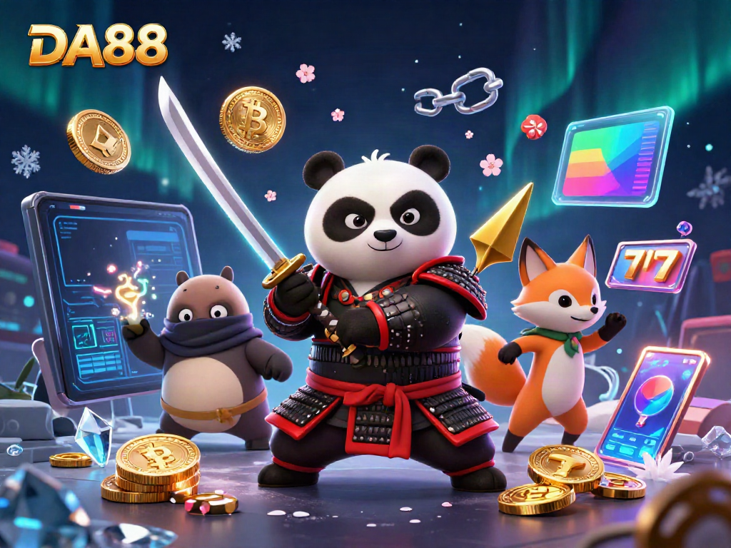 Engage with DA88 at an Asian online casino featuring a cartoon samurai panda and ninja fox amidst slot reels.