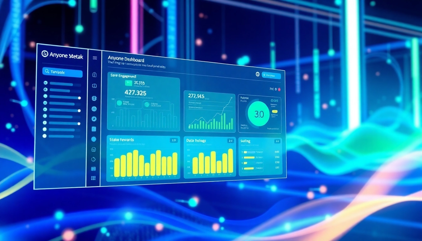 Anyone Dashboard showcasing futuristic interface with vibrant colors and data metrics for user engagement.