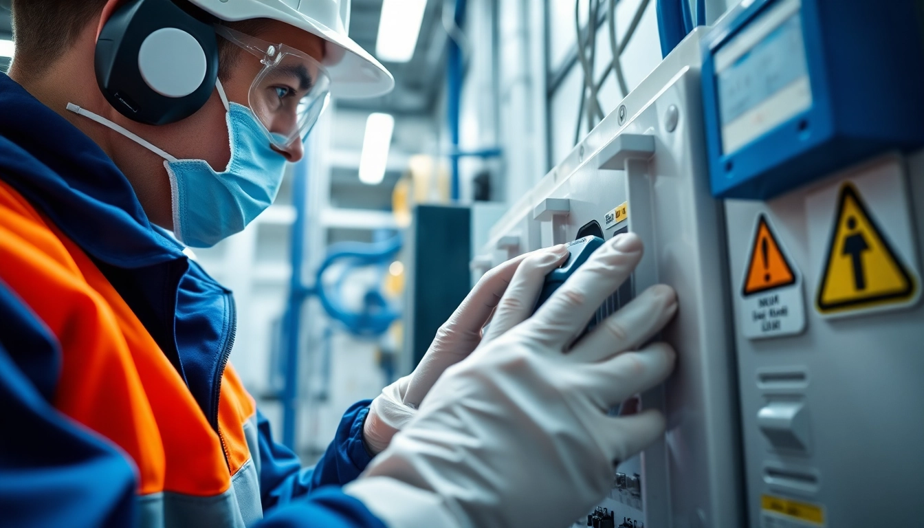 Technician conducting DGUV V3 Prüfung in a safety-compliant industrial setting.