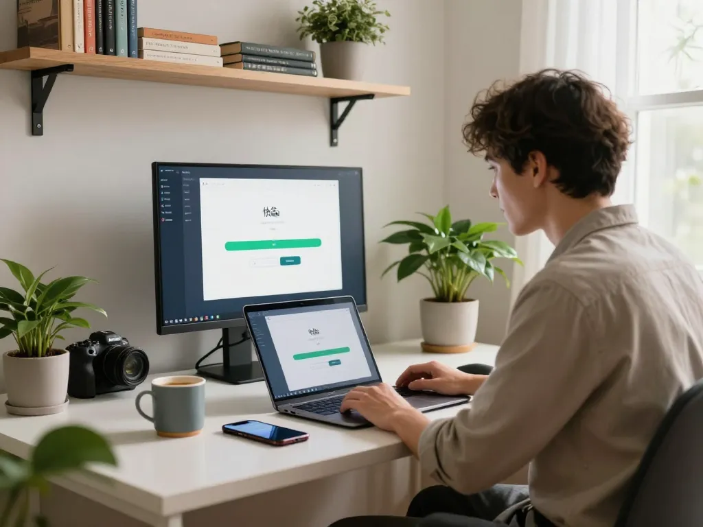 用户在明亮的家庭办公室中安装快连 VPN，展示现代科技设备。