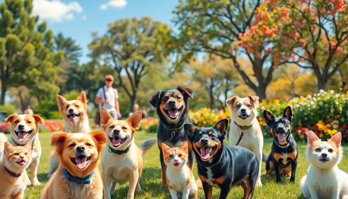 Pawsometime: glückliche Haustiere genießen einen sonnigen Tag im Park.