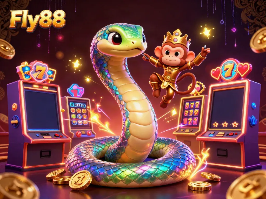 Engage in casino excitement with Fly88, featuring a vibrant scene of a rainbow serpent, monkey king, and dazzling slot machines.
