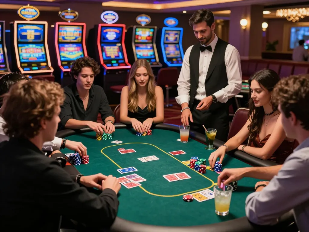 Exciting scene at https://may88.bio/ casino with friends enjoying poker, colorful chips, neon lights