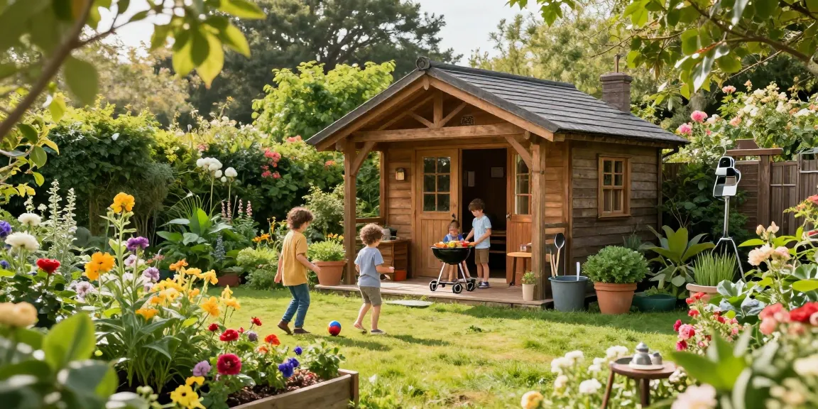 Gemütliches Gartenhaus im blühenden Garten mit Familie beim Grillen und Kindern, die spielen.